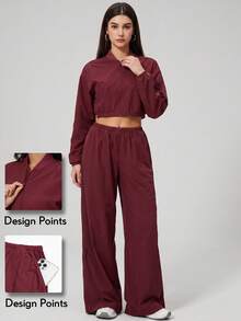 KyrLssu 2‑Piece Women Tracksuit, Stand Collar Cropped Full Zip Jacket + Elastic High Waist Wide‑Leg Pants Sport Set - Red - View 2