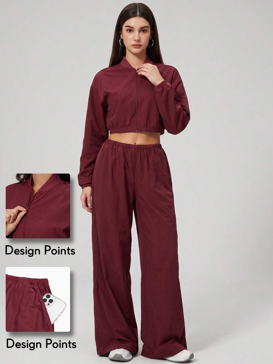 KyrLssu 2‑Piece Women Tracksuit, Stand Collar Cropped Full Zip Jacket + Elastic High Waist Wide‑Leg Pants Sport Set
