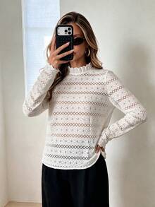SUNSTORY Autumn White Frill Trim Semi-High Neck Hollow Lace Long Sleeve Top, Floral Jacquard Sheer Base Layer, Elegant Basic Style, Suitable For Commuting, Outings, Church, Daily Wear - White - View 3