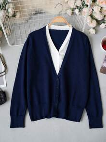 Korean Style Casual Navy Blue V-Neck Long Sleeve Knit Cardigan Women Autumn/Winter Faux Two Pieces Layering Base Top Button Patchwork Sweater - Navy Blue - View 8
