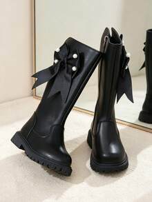 1 Pair Girls' Tall Boots, Pearl Bow + Elastic Soft Sole Inner Zipper Design, Fashionable Cute Princess Style High-Top Chelsea Boots, Suitable For Daily Wear, School, Holidays, Autumn/Winter New - Black - View 5