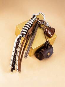 Vintage PU Mini Bag Keychain Bag Charm, Heart Pendant With Multi‑Style Braided Rope Tassel, Car Keychain, Aesthetic Bag Decoration, Gift For Women - Multicolor - View 4