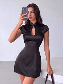 Fashionable Black Satin Cheongsam Style Stand Collar Hollow Mini Dress, Suitable For Holidays, Outings, Summer Parties And Fashion Events - Black - View 4