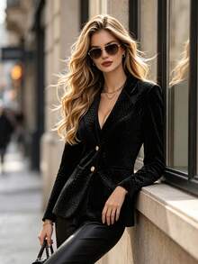 DONICY Women's Black Textured Woven Lapel Two Gold Button Fitted Blazer, Long Sleeve Slim Elegant Office Suit Jacket For Daily Wear, Fall Winter - Black - View 7