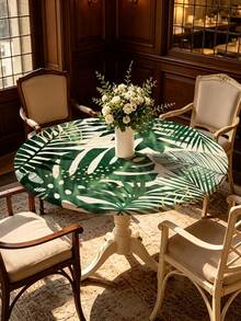 1pc Tropical Leaf Monstera Pattern Printed Round Tablecloth, Daily Tablecloth, Table Cover, With Elastic Edge, Soft Wrinkle-Resistant, Waterproof Oil-Resistant Scratch-Resistant, Suitable For Round Dining Table, Outdoor Restaurant Decoration And Outdoor Party, Kitchen, Baking, Outdoor Decoration, Outdoor Patio, Breakfast, Brunch And Party Decoration - Multicolor - View 2
