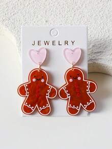 Anting Gantung Akrilik Bentuk Manusia Kue Jahe Natal dengan Motif Riak Air dan Hati Cokelat, Hadiah Elegan, Imut, Minimalis, dan Serbaguna - Coklat - View 4