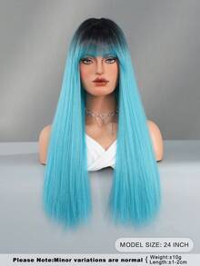 Wig Lurus Panjang Biru dengan Poni, Akar Gelap, Rambut Serat Sintetis Tahan Panas, Wig Kostum Halloween untuk Cosplay, Pesta Festival, Sehari-hari, Aksesori Wig Fashion 24 Inci - MultiWarna - View 4