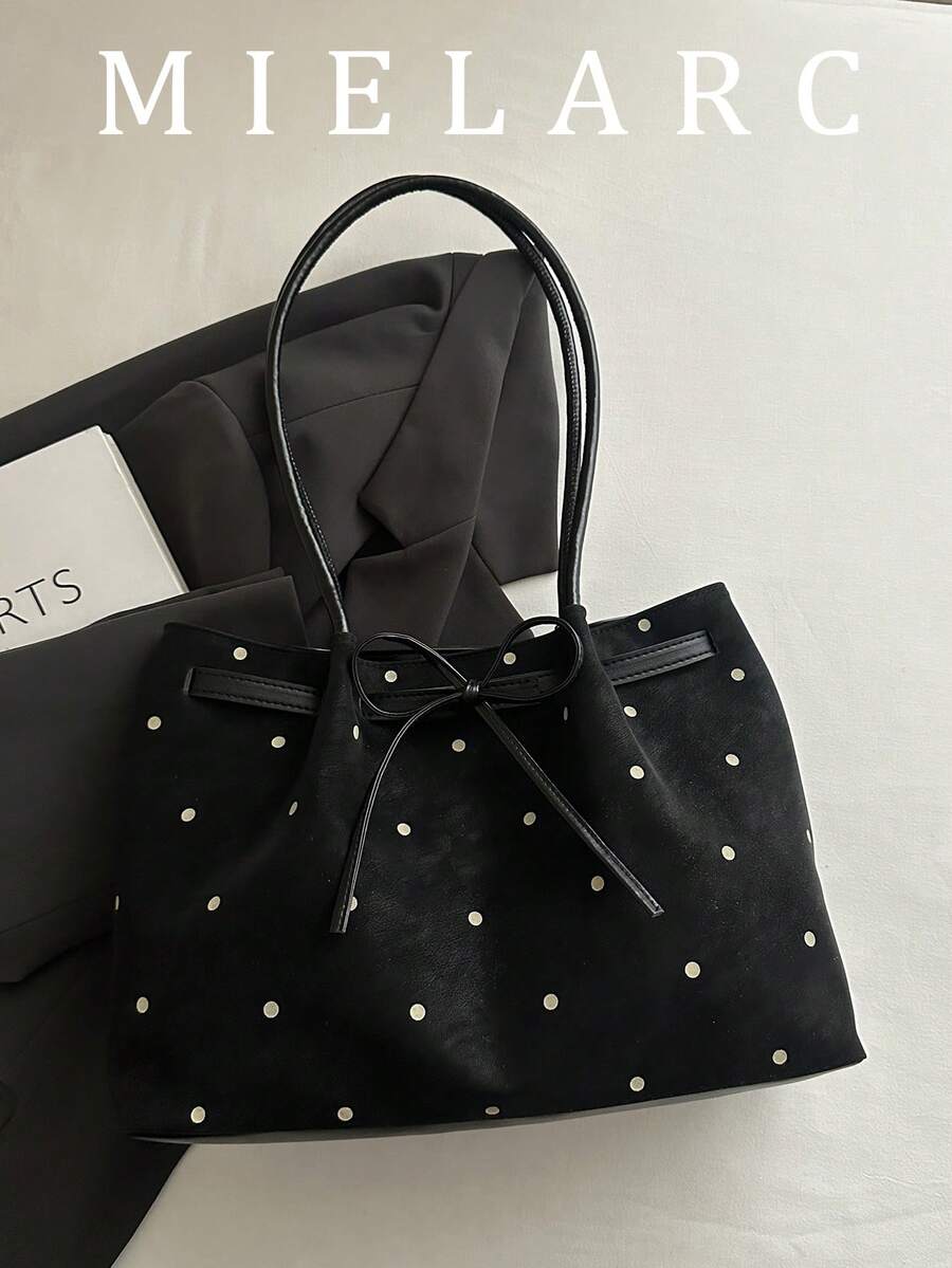 Solid Color Faux Suede Polka Dot Large Capacity Vintage Tote Bag Women's Bag 2026 Bowknot New Style Commuter Versatile Shoulder Handbag