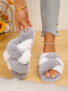 36-45 Plus Size Women's Autumn/Winter Sweet INS Style Pink & White Colorblock Soft Plush Fuzzy Classic Cross-Strap Slip-On Slouchy Mule Slippers, Open Toe Flat Lightweight Comfy Cushion Non-Slip Warm Versatile House Slippers - Grey and White - Double Cross Strap - View 2
