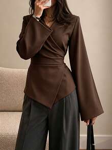 Women's Casual Long Sleeve V-Neck Tie Waist Open Front Blouse, Solid Color, Daily Commute, Autumn/Winter - Brown - View 1