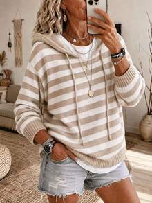 Women's Elegant Hooded Striped Long Sleeve Knit Sweatshirt, Soft And Warm - Apricot - View 4