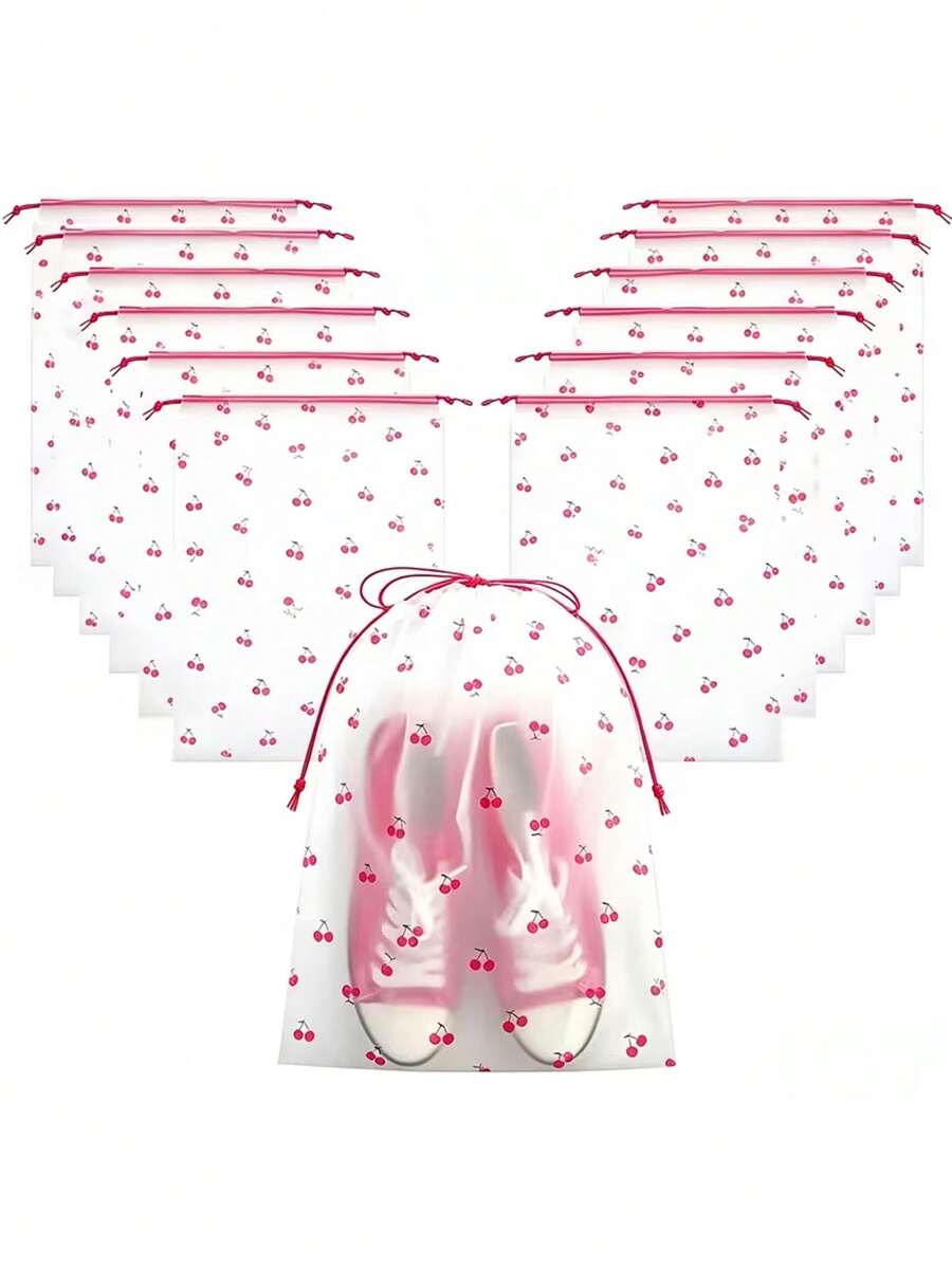 20pcs Cherry Pattern Travel Shoe Bags, Drawstring Closure, Transparent Clothing Storage Bags. Durable Drawstring Closure, Large Capacity Design, White Cherry Print Pattern, Suitable For Men And Women. - Multicolor - View 1