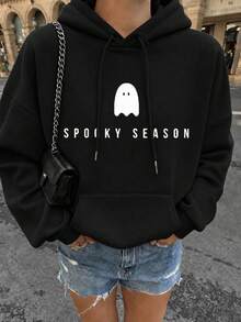 Ghost Letter Print Pattern Sweatshirt, Plus Size Women's Casual Autumn/Winter Long Sleeve Pocket Hooded Sweatshirt Black - Black - View 2