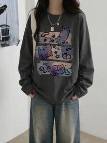 女款時尚秋冬寬鬆版型百搭圓領休閒字母與卡通貓咪印花長袖T恤 - 深灰色 - 查看 1