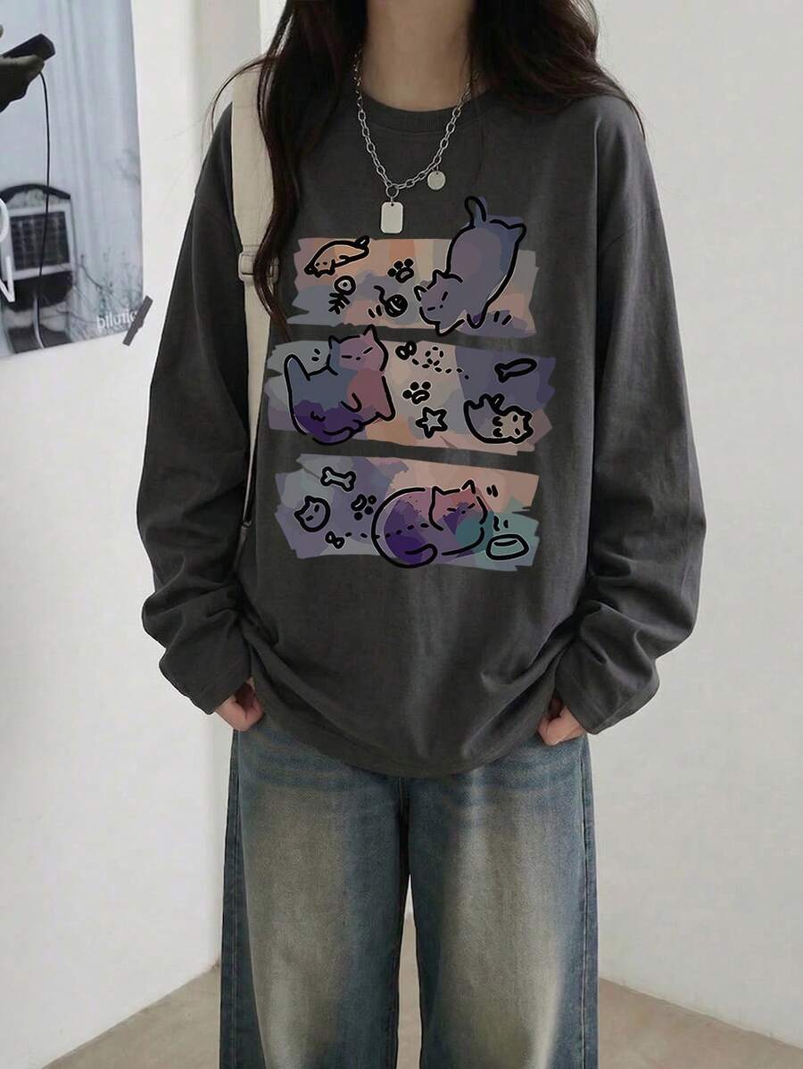 女款時尚秋冬寬鬆版型百搭圓領休閒字母與卡通貓咪印花長袖T恤 - 深灰色 - 查看 1