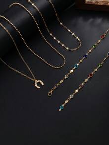 4pcs Vintage Bohemian Colorful Gemstone Y-Shaped Long Necklace, Multi-Layer Metal Gold Chain Horseshoe Pendant Necklace, Men's Fashion Accessory - Yellow Gold - View 3