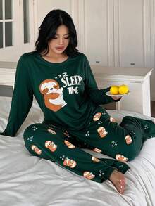 Women's Cute Koala Print Pajama Set, Plus Size Long Sleeve Top And Pants 2-Piece Loungewear For Autumn/Winter - Green - View 3