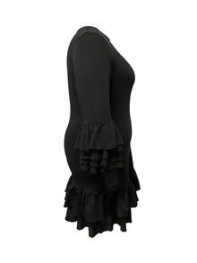 Solid Color Round Neck Long Sleeve Multi-Layer Ruffle Bell Sleeve Asymmetrical Ruffle Hem Plus Size Dress - Black - View 4
