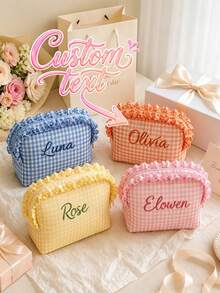 Customized Name Makeup Bag, Customized Toiletry Bag, Plaid Ruffle Edge Makeup Storage Bag, Bridesmaid Gift, Women's Birthday Gift - Multicolor - View 1