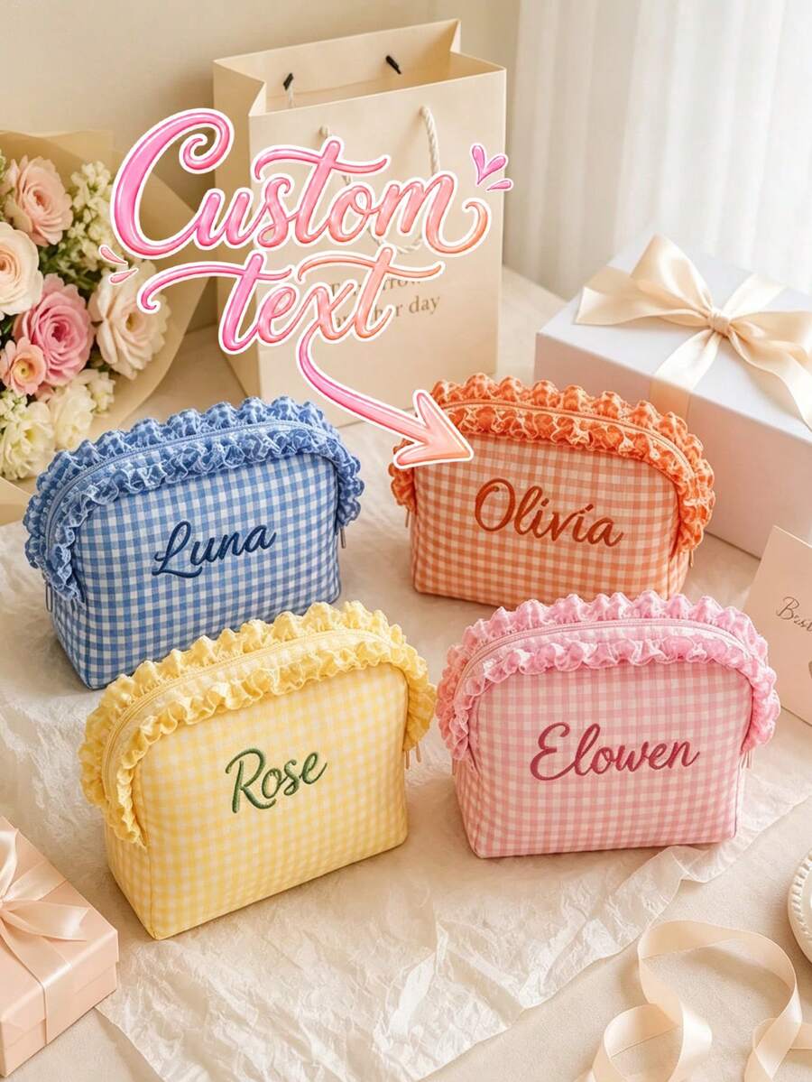 Customized Name Makeup Bag, Customized Toiletry Bag, Plaid Ruffle Edge Makeup Storage Bag, Bridesmaid Gift, Women's Birthday Gift - Multicolor - View 1