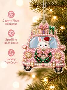 Custom Photo Christmas Ornament, DIY Pink Vintage Car Rabbit Hanging Pendant, Sparkly Pearl Painting Style Xmas Tree Decoration, Personalized Cute Festive Home Hanging Decor For Christmas Party - Multicolor - View 5