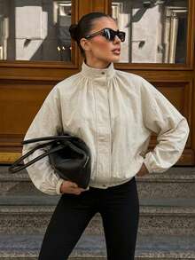 Women's Casual Street Style Loose Fit Stand Collar Zip-Up Jacket, Suitable For Daily Outings, Commuting And Dating, Autumn/Winter Loose Jacket - Apricot - View 4
