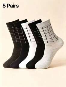 Men's Minimalist Line & Plaid Sweat-Absorbing Breathable Versatile Business Style Mid-Calf Socks For Daily Office Wear - Multicolor - View 7