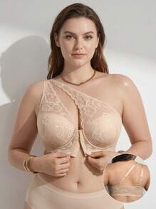 Rosiemei Plus Size Asymmetrical One Shoulder Lace Bra, Front Multi-Row Hook & Eye Closure, Underwire Push-Up Support, Lace Back Design - Beige - View 2