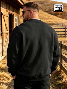 1XL-5XL Plus Size Men's Solid Color Drop Shoulder Long Sleeve Casual Sweatshirt, Autumn/Winter Back To School Season - Black - View 2