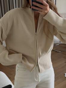 GLAMSKIN Women's Zip Up Knit Cardigan, Stand Collar Long Sleeve Loose Fit Sweater Jacket,Casual Ribbed Hem Knitted Outerwear For Fall Winter - Apricot - View 3