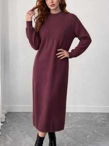 GIGOGOU New Arrival Autumn/Winter Long Knitted Sweater Dress, Casual Long Sleeve Loose Knit Dress - Red Violet - View 3
