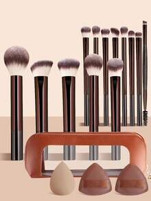 ronshadow 13pcs Makeup Brush Set With Storage Bag, Makeup Sponge, Powder Puff, Loose Powder Brush, Blush Brush, Foundation Brush, Contour Brush, Multiple Eyeshadow Brushes, Dual-Ended Eyebrow Brush, For Home Makeup, Travel And Touch-Ups, Complete Set For Setting, Blush, Contouring, Eyeshadow And Eyebrow Makeup - Multicolor - View 5