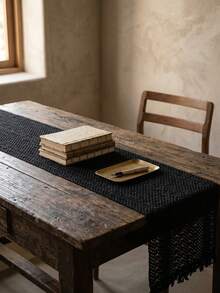 1pc Black Hollow Woven Table Runner, Modern Minimalist Style, Long Strip Shape With Tassel Edge And Hollow Texture Detail Decoration, Functional Dining Table Runner Suitable For Modern Restaurant Decor And Daily Home Decoration Scenes - Black - View 7