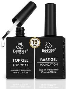 Beetles 2件組 15ML 凝膠底膠與免擦頂膠套組，高光澤透明飾面，可浸泡卸除 UV LED 凝膠指甲油，適用居家美甲與美甲藝術 - 2入 15ML 凝膠底膠與免洗封層套裝 - 查看 10