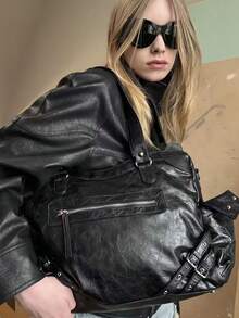 1CP Fashion Personalized Streetwear One Shoulder Bag Y2K Hot Girl Tote Bag High-End Large Capacity Student Vintage Fashion Rivet Motorcycle Bag Casual Versatile Underarm Bag Minimalist Commuter Crossbody Bag, Suitable For Daily Work, Campus, Shopping, Travel, Commuting - Multicolor - View 5