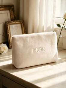 Portable Soft Off‑White Towel‑Fabric Travel Makeup Pouch Embroidered Brand Lettering Toiletry Storage Cosmetic Case For Personal Use Or As A Gift - DIOR Cosmetic Bag - White - View 9