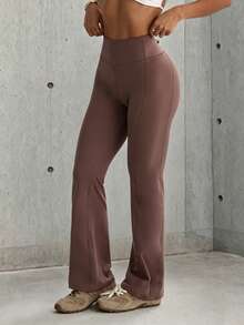 Hidkat Women's Solid Color Fashion High Waist Slim Fit Letter Print Sports Knit Flare Pants - Rusty Rose - View 3