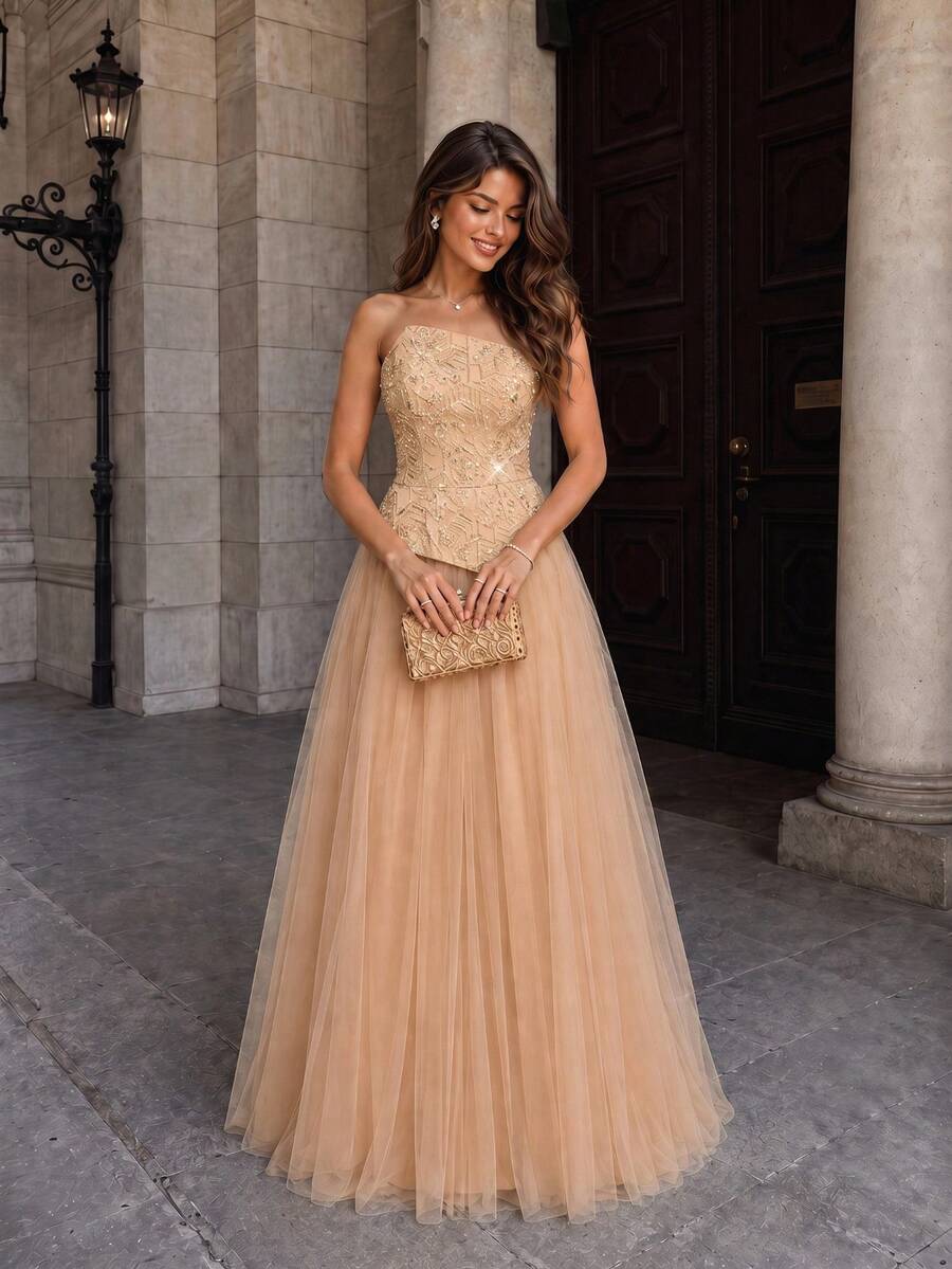 VIPGIRL Elegant Luxury Strapless Sleeveless Maxi Dress, Made Of Mesh Fabric With Contrast Sequin Decor, Flared Skirt Fall Wedding Party - Champagne - View 1