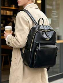 Men's Solid Color PU Glossy Backpack With Multiple Zippers, Casual Daily Use, Large Capacity Travel And Work Backpack With Side Pockets - Black - View 3