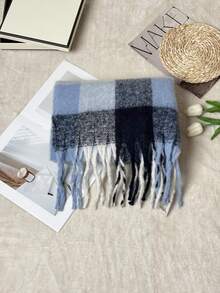 1pc Black & Grey Plaid Women's Scarf, Rectangular Tassel Scarf Suitable For Autumn/Winter Daily Use - Dogtail Navy Blue and White Plaid - View 5