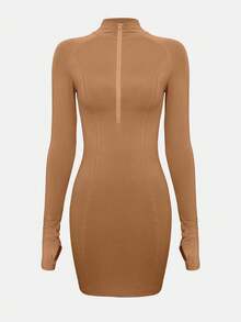 XLLAIS Women's Sexy Fitted Zipper Elastic Mini Skirt, Vacation Party Nightgown - Brown - View 5
