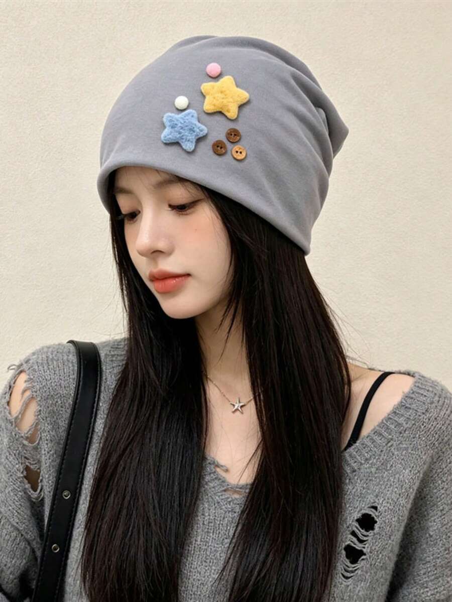 1件日式可愛毛絨星星帽,女款秋冬防風保暖連耳翻蓋針織帽,修飾臉型鬆弛帽,適合節日禮物、萬聖節 - A - 查看 1