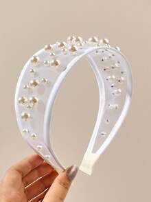1/4PCS French Style Faux Pearl Mesh Headband, Elegant Minimalist Beaded Wide Edge Tulle Hair Accessory For Women - Multicolor - View 9