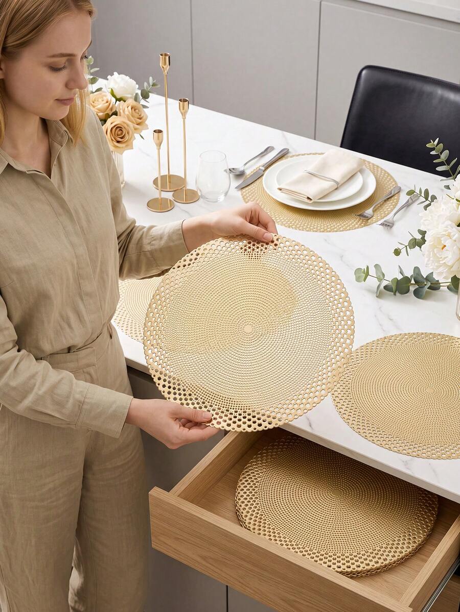 4/120pcs, Gold Round Hollow PVC Placemats, Washable Western Style Table Mats, Non-Slip Odorless Tableware Mats, Suitable For Restaurants, Cafes, Homestays, Applicable For Holidays, Parties, Gatherings, Birthdays, Weddings, Dinners And Other Occasions. - Multicolor - View 1