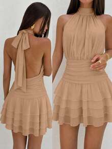 Elegant Halter Neck Backless Mini Dress With Tiered Ruffle Hem Wedding - Khaki - View 2