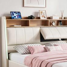 Modern Double Bed Frame 137x190cm, Upholstered Platform Bed With RGB LED Headboard And Storage Shelf, White Bed With Wood Slats, APP & Remote Control LED Lights, No Box Spring Required - White - View 9