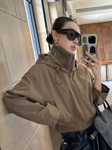 Autumn New Women's Short Motorcycle Jacket With Lining, Ribbed Waist Hem, Fashionable Stand Collar, Zip-Up Hooded College Style Jacket - Brown - View 2