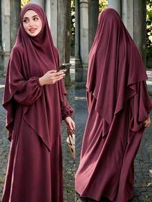 Modest Abaya Two‑Piece Set, Bubble Long Sleeve Maxi Dress With Matching Hijab, Casual Loose Muslim Women Outfit - Multicolor - View 22