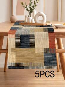 1pc Geometric Pattern Printed Table Runner, 4pcs Geometric Pattern Printed Placemats, Suitable For Holidays, Parties, Birthdays, Dinner, Kitchen Dining Table Decoration, All Season Room Decor, Home Textile Decoration Table Runner - Multicolor - View 12