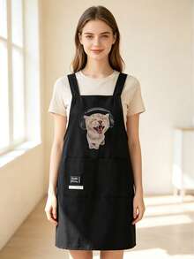 Cute Cat Print Black Apron With Double Pockets, Cross-Back Design For Comfortable Wear Without Shoulder Pressure, Multiple Adorable Cat Patterns Available. Durable And Practical Fabric, Suitable For Home Cooking, Baking, Crafting And Housework, Ideal For Housewives And Cooking Enthusiasts, Oil-Resistant And Water-Repellent, Combining Aesthetics And Functionality, Highly Attractive Protective Apron For Home Kitchen Use. - Multicolor - View 3